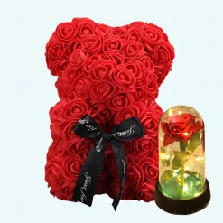 Cadeau St-Valentin lot d’ourson en roses avec sa rose éternelle