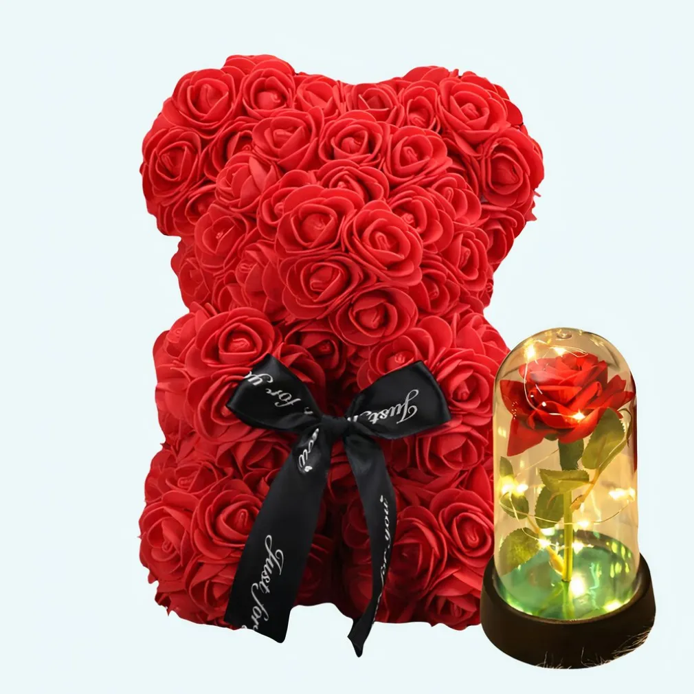 Cadeau St-Valentin lot d’ourson en roses avec sa rose éternelle