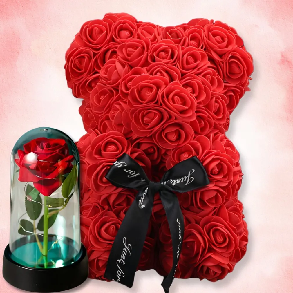 Cadeau St-Valentin lot d’ourson en roses avec sa rose éternelle