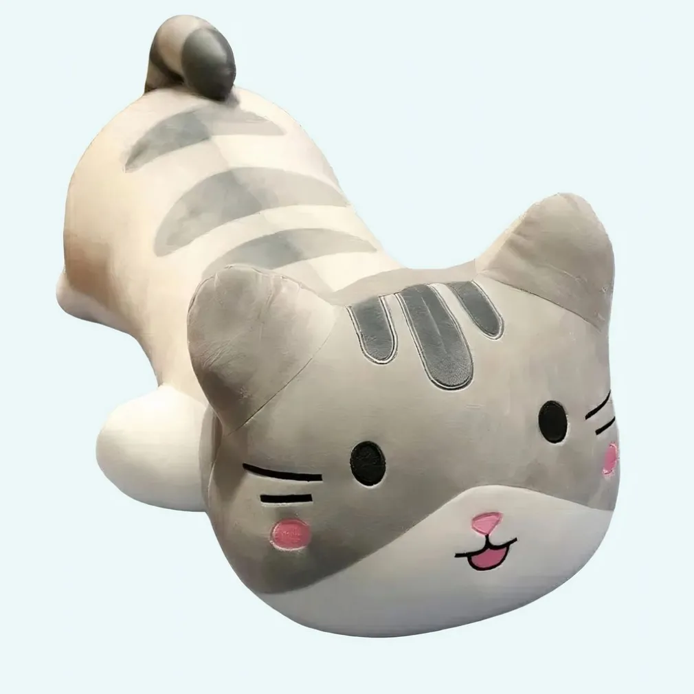Grande peluche chat oreiller gris