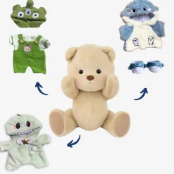 Nino – L’ours en peluche articulé fait main avec combinaison verte et bonnet d’alien