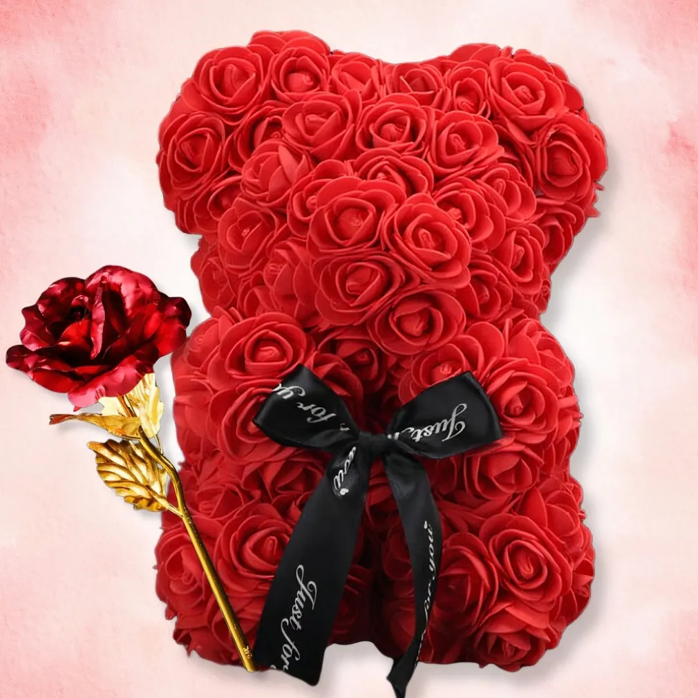 Ourson en Roses avec un noeud pour Saint-Valentin