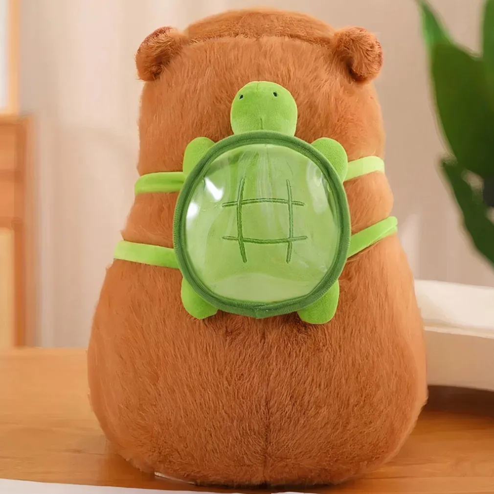 Peluche capybara avec sac à dos tortue