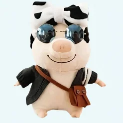 Peluche cochon habillé avec noeud vache