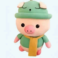 Peluche cochon habillé tenue verte