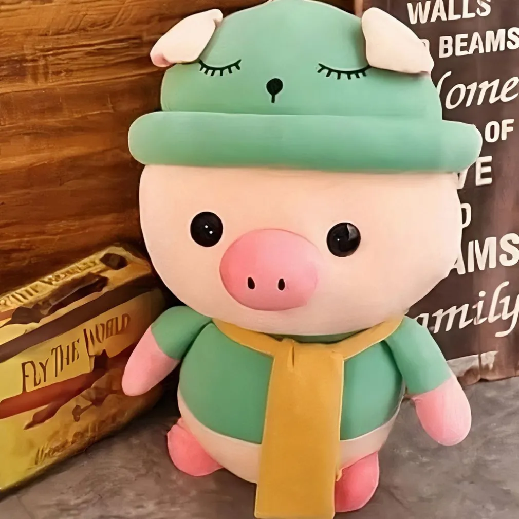 Peluche cochon habillé tenue verte