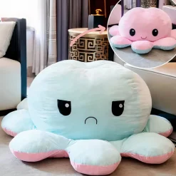 Peluche géante pieuvre réversible visage content et pas content