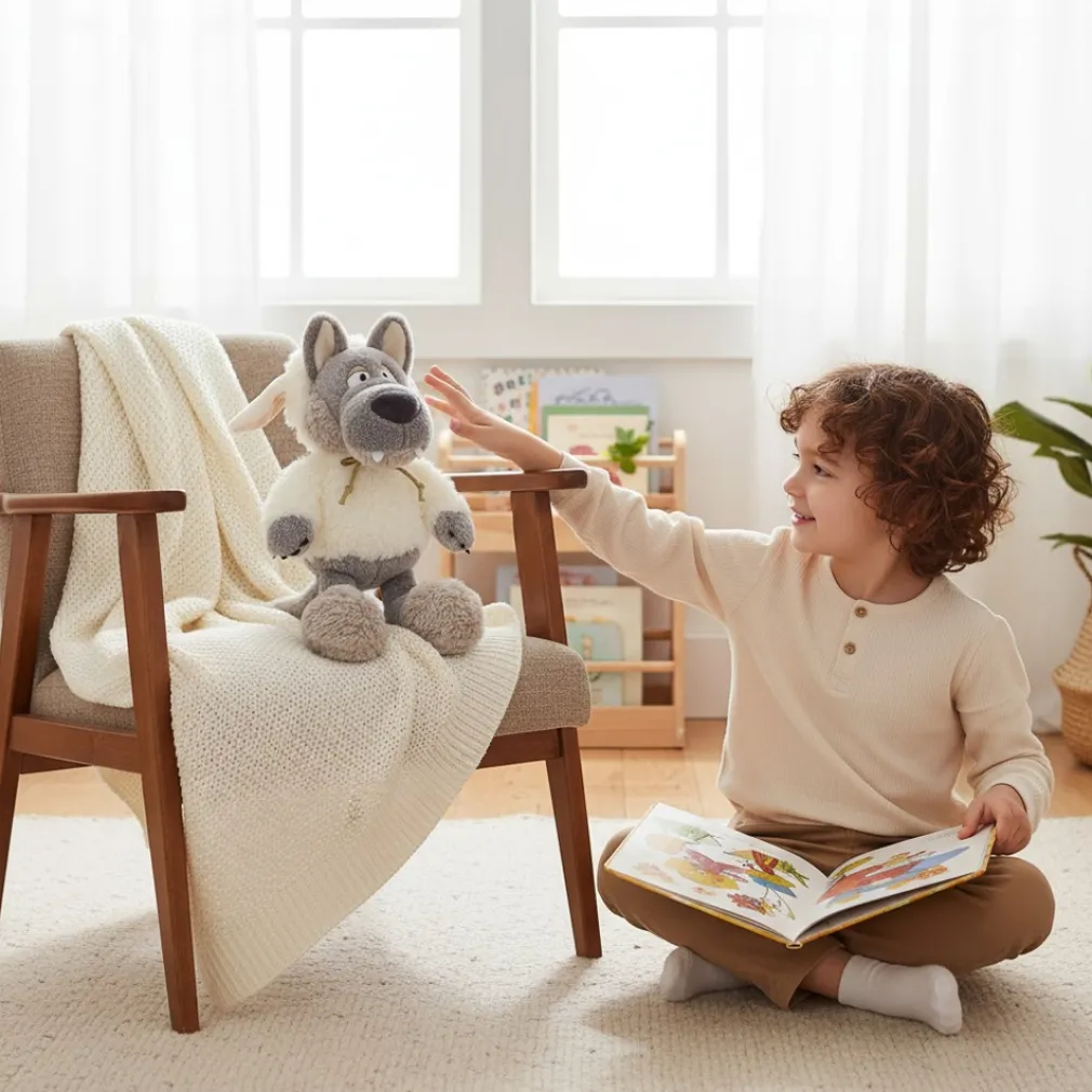 Peluche loup déguisé en mouton blanc