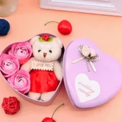 Peluche ours rose coffret amour