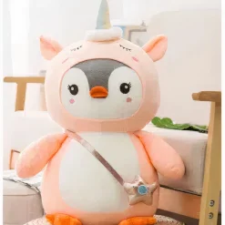 Peluche pingouin déguisé licorne rose